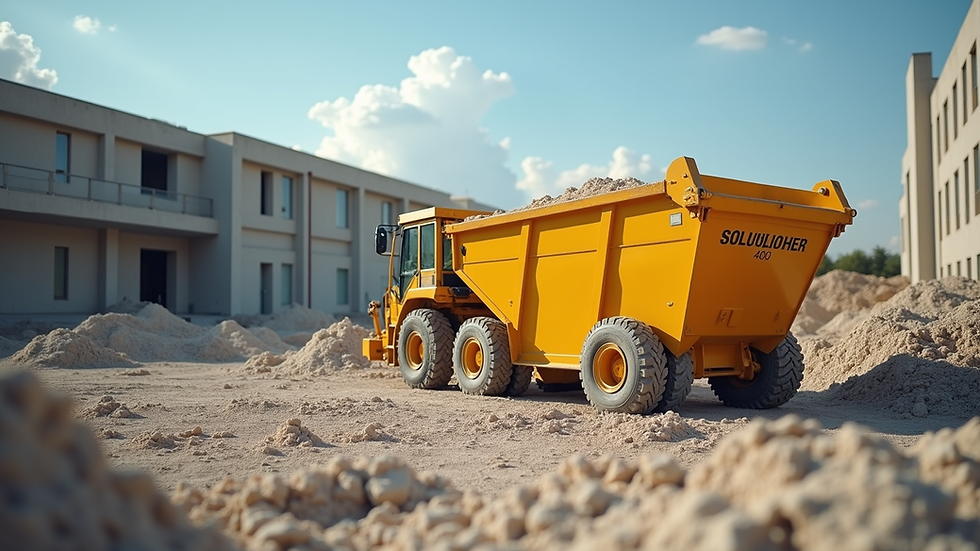 Eye-level view of a clean construction site with a rented dumpster