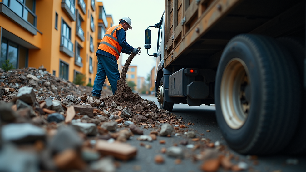 Close-up view of a junk removal worker loading debris into a truck
