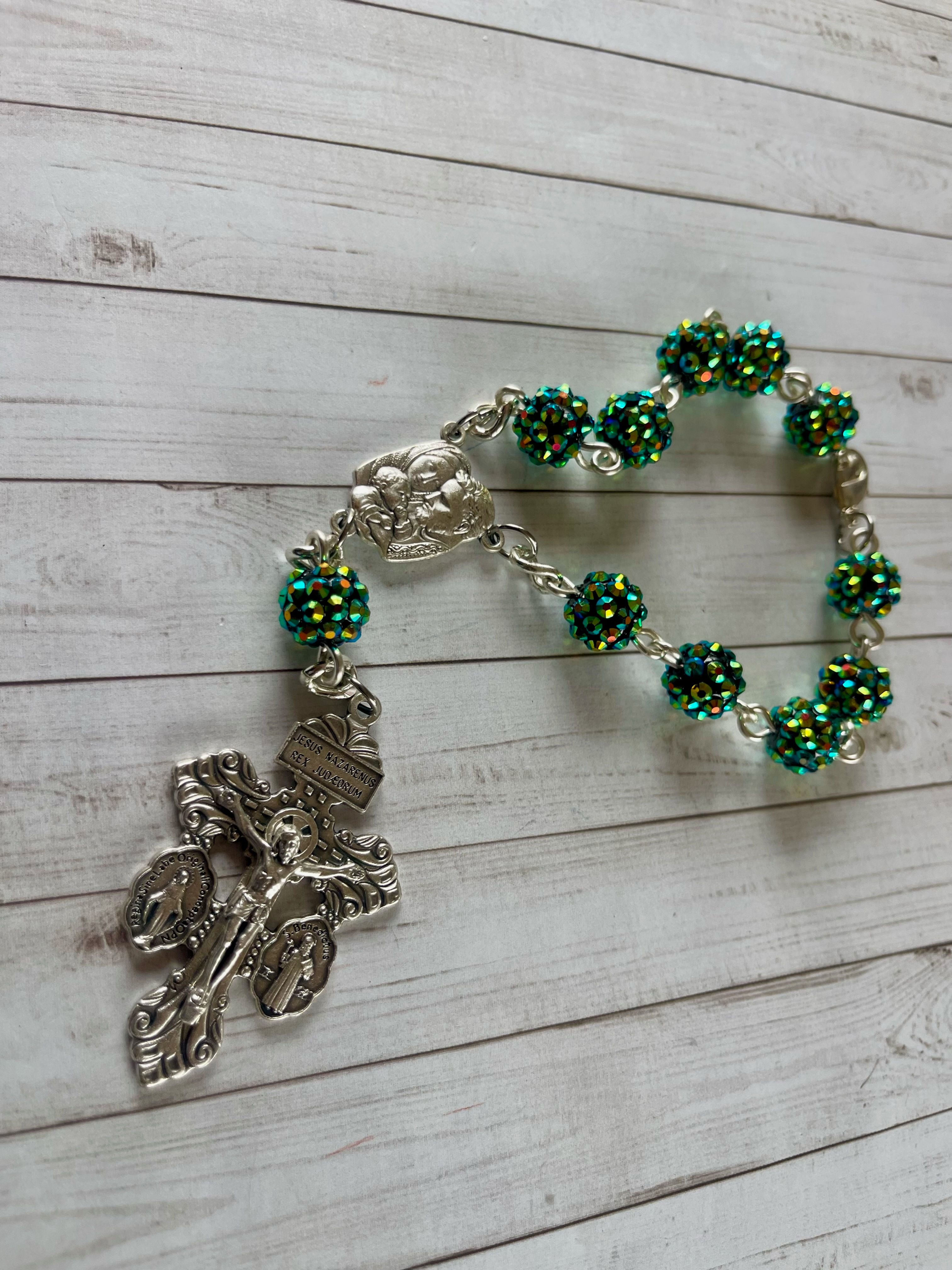 8 Inch 12mm Sparkling Green & Yellow Beaded Pocket Rosary
