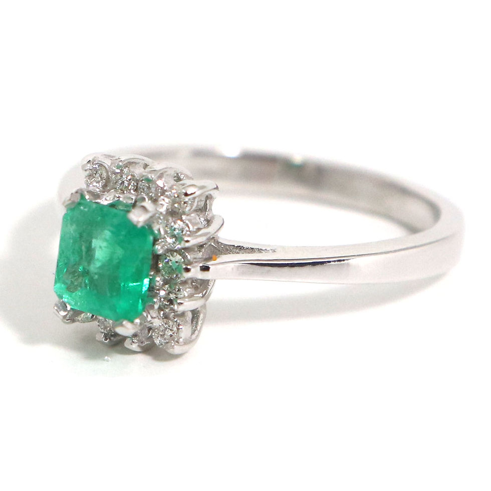 Thumbnail: 14k White Gold Ring with Emerald and Small Diamonds Size 7