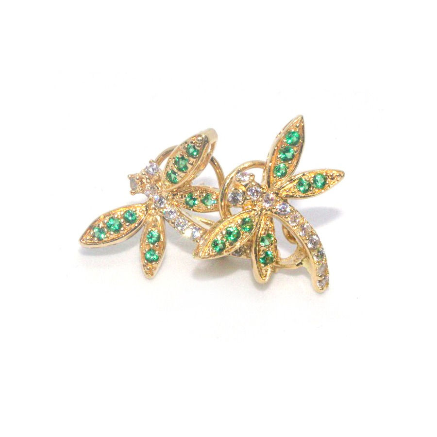 18k yellow gold dragonfly earrings with emeralds and diamonds, weight 5.6 grams