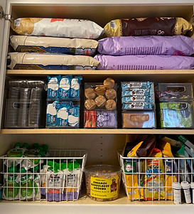 Organized pantry shelves with backstock pantry items, chip bags, cookies, snacks, dog treats, in organizational wire baskets and clear plastic organizational containers