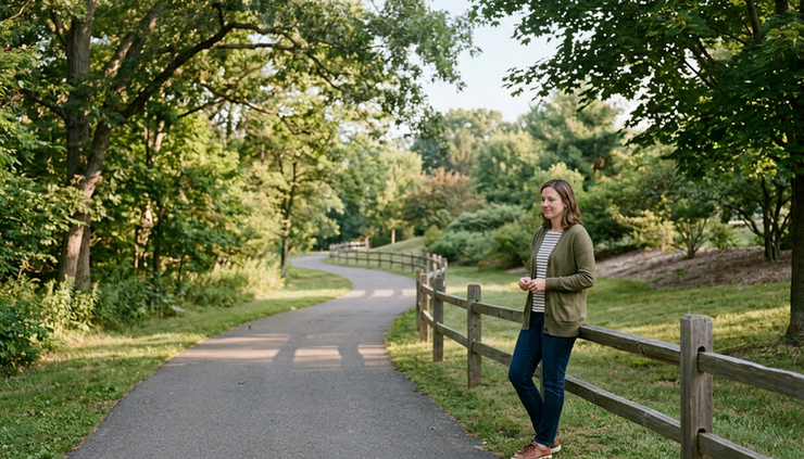 Wide-angle view of a quiet school path with a parent waiting at a distance.