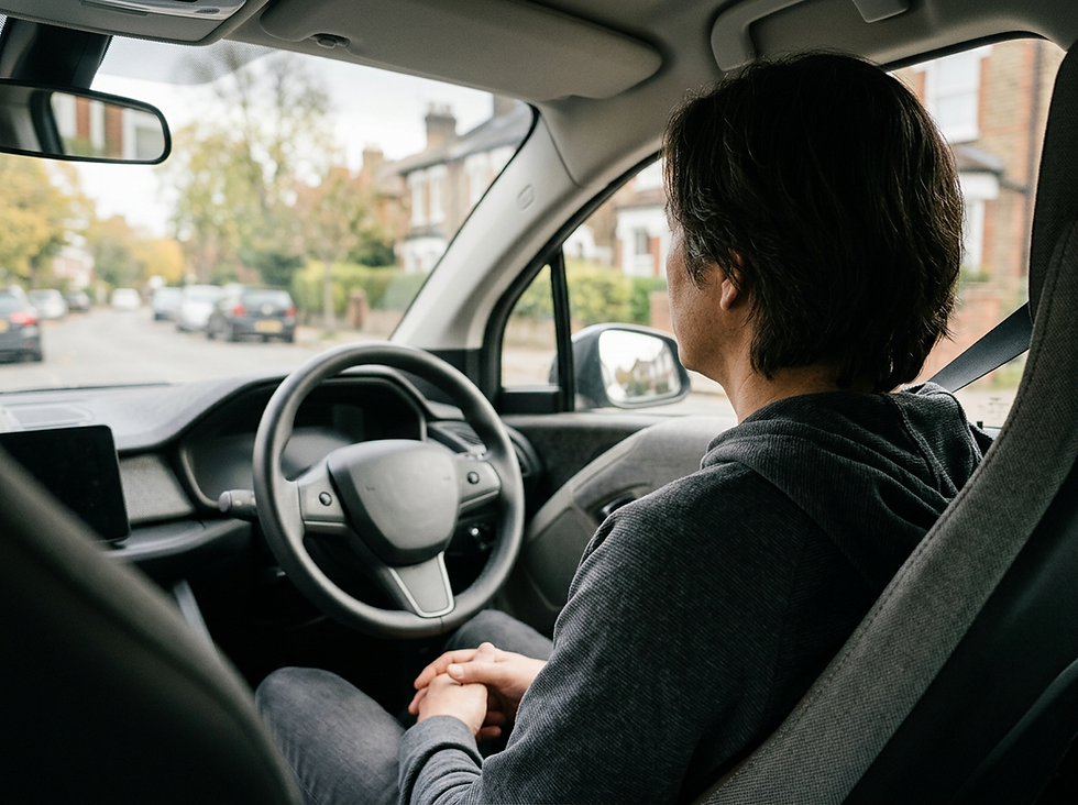 A man sits calmly in the driver’s seat, with no hands on the wheel,