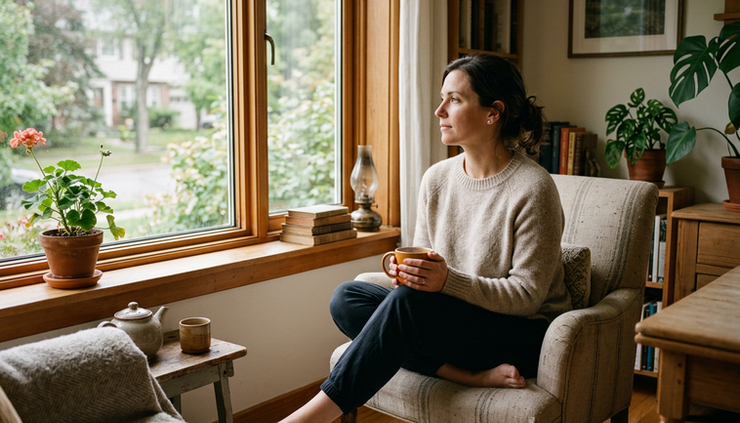 Eye-level view of a person sitting calmly by a window with a cup of tea.