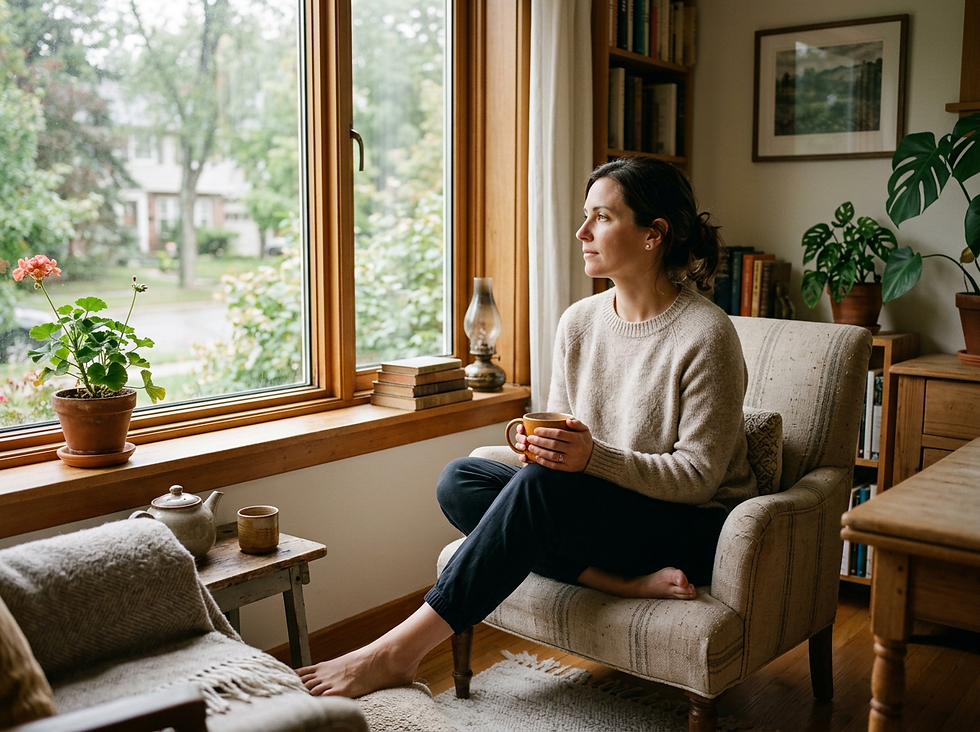Eye-level view of a person sitting calmly by a window with a cup of tea.