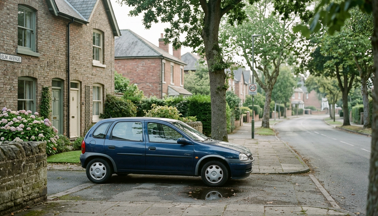 Eye-level view of a parked car on a quiet residential street.