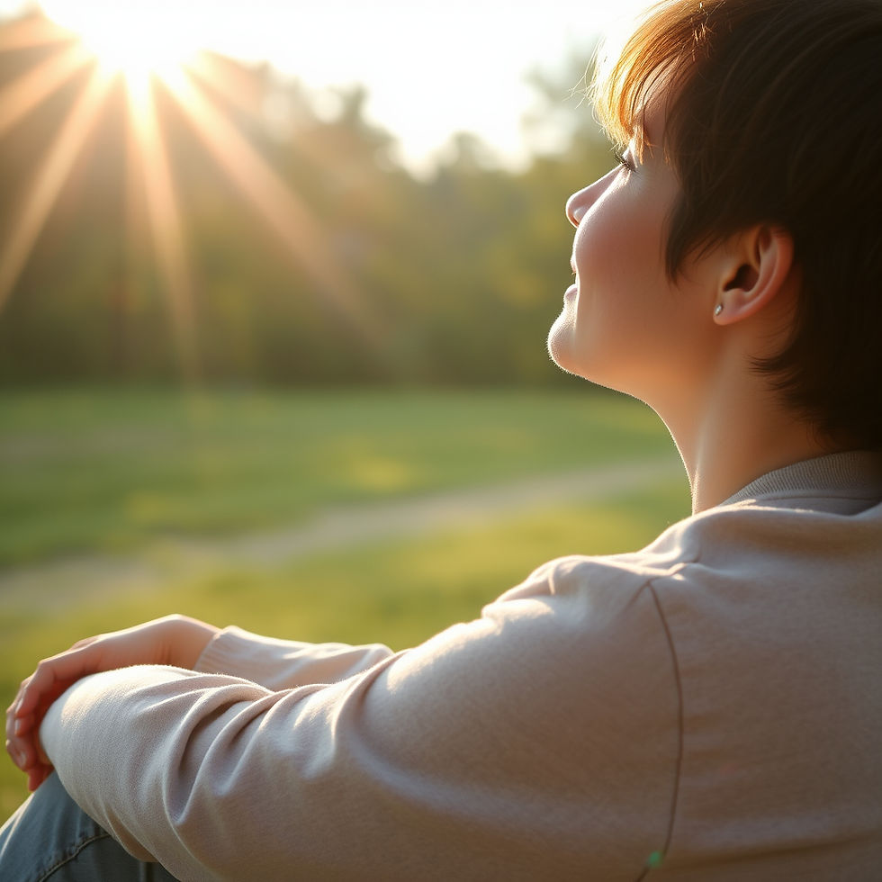 Person sits in a grassy field at sunset, gazing upwards with a peaceful expression. Sunlight filters through trees, creating a warm glow.