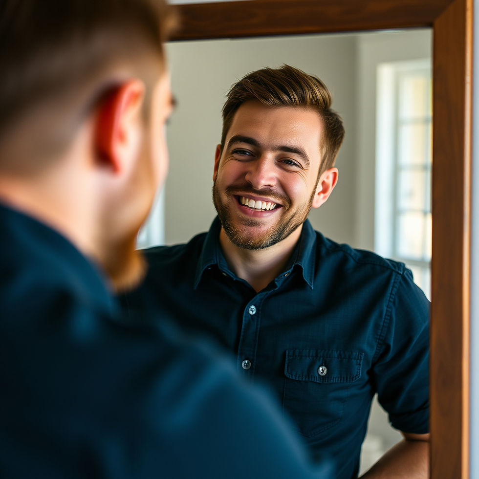 A man in a dark shirt smiles at his reflection in a wooden-framed mirror, creating a joyful mood. Bright, airy room in the background.