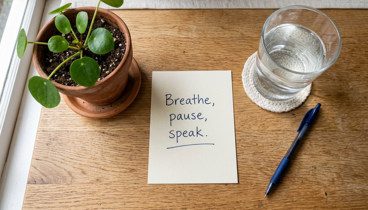 Overhead view of a handwritten note with a simple grounding reminder beside a glass of water.