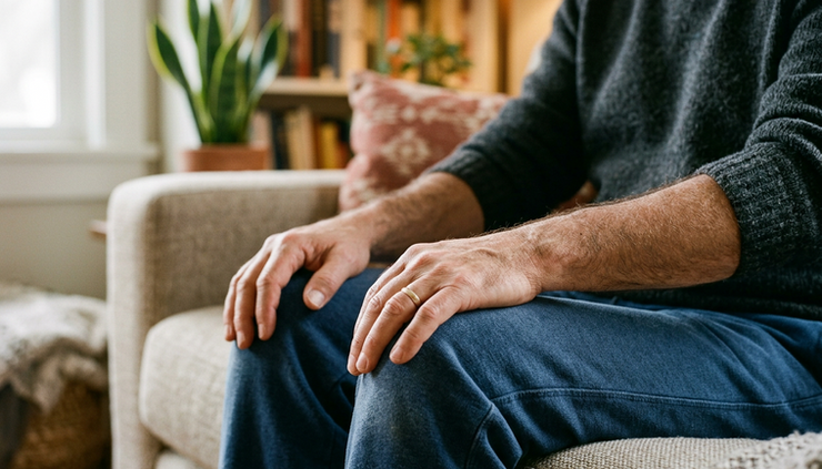 Close-up view of hands resting loosely on someone’s knees during a calm breathing exercise.