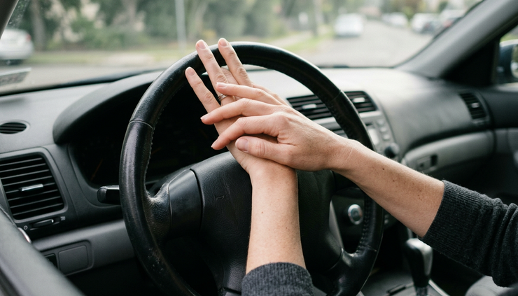 Close-up view of hands resting calmly near a car steering wheel.