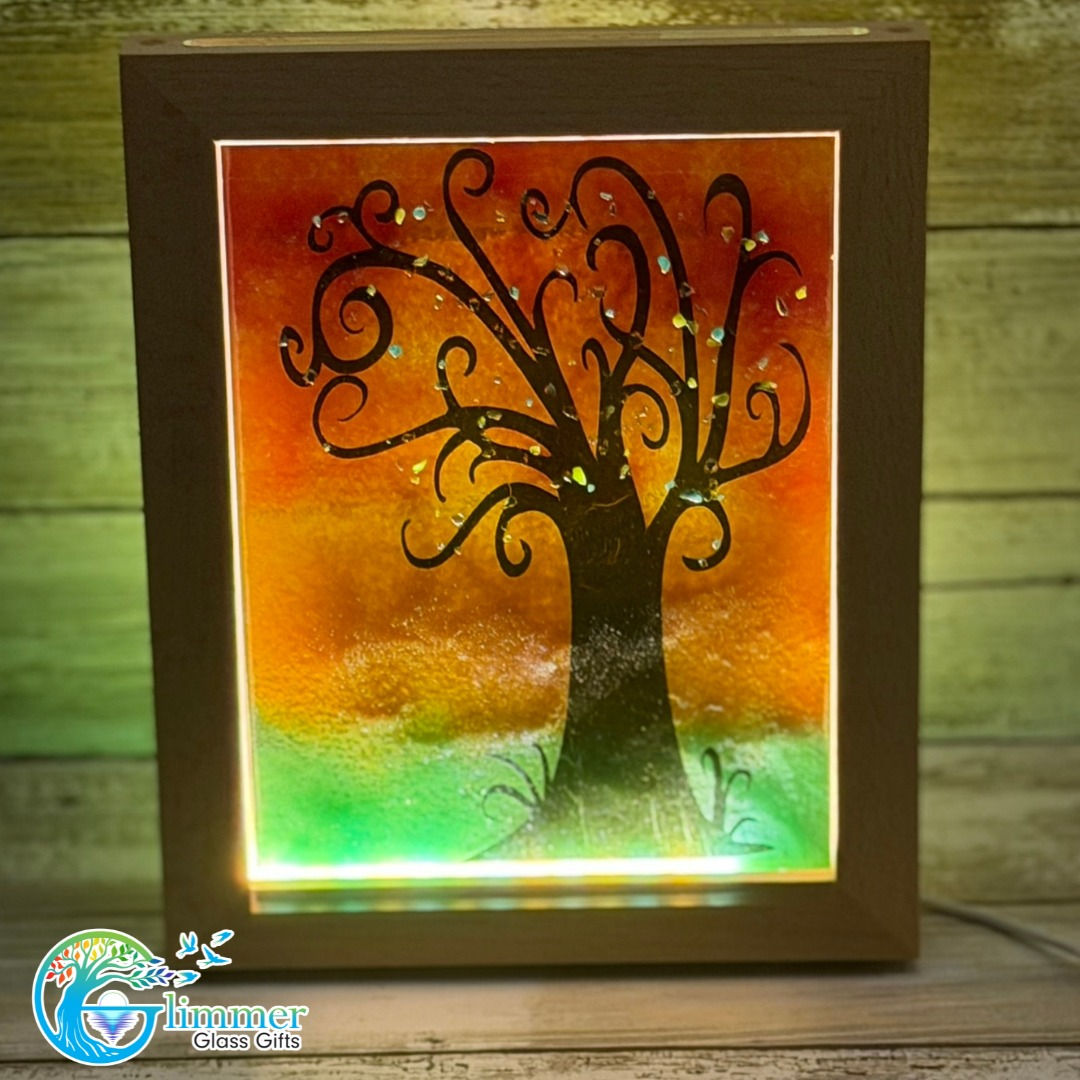 Fused Glass Art in a LED lighted frame- Tree
