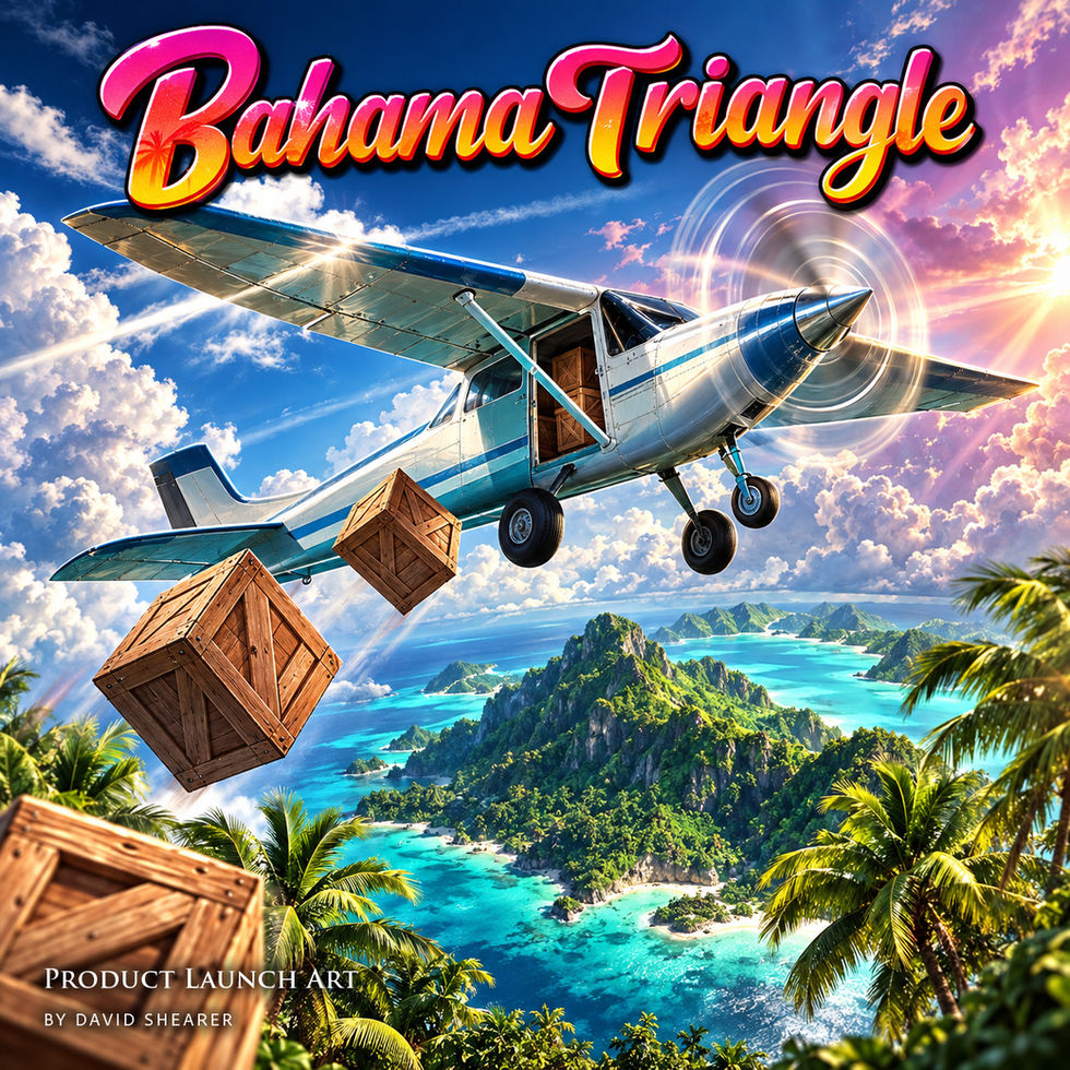 Promotional artwork showing a small plane dropping wooden crates over bright tropical islands.