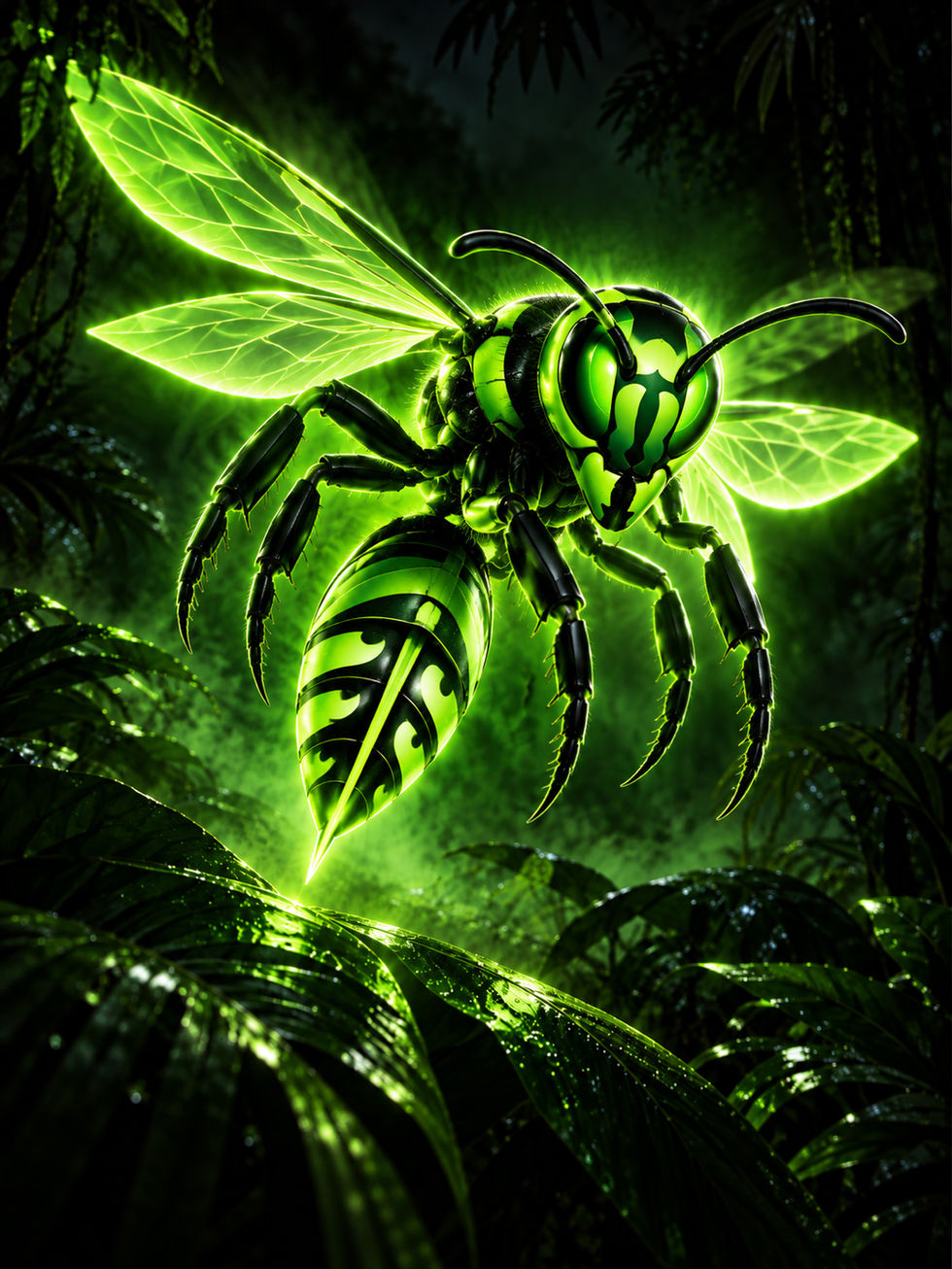 A glowing green hornet with translucent wings hovers above leaves in a dark forest.