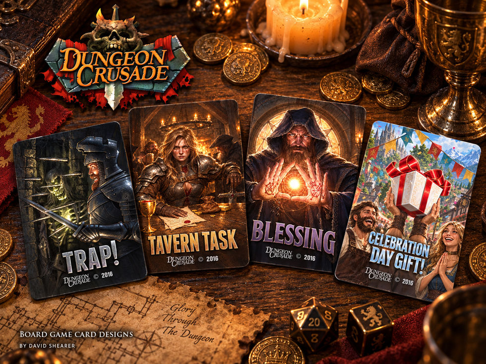 Four Dungeon Crusade cards depict a trap, tavern task, blessing, and celebration gift.
