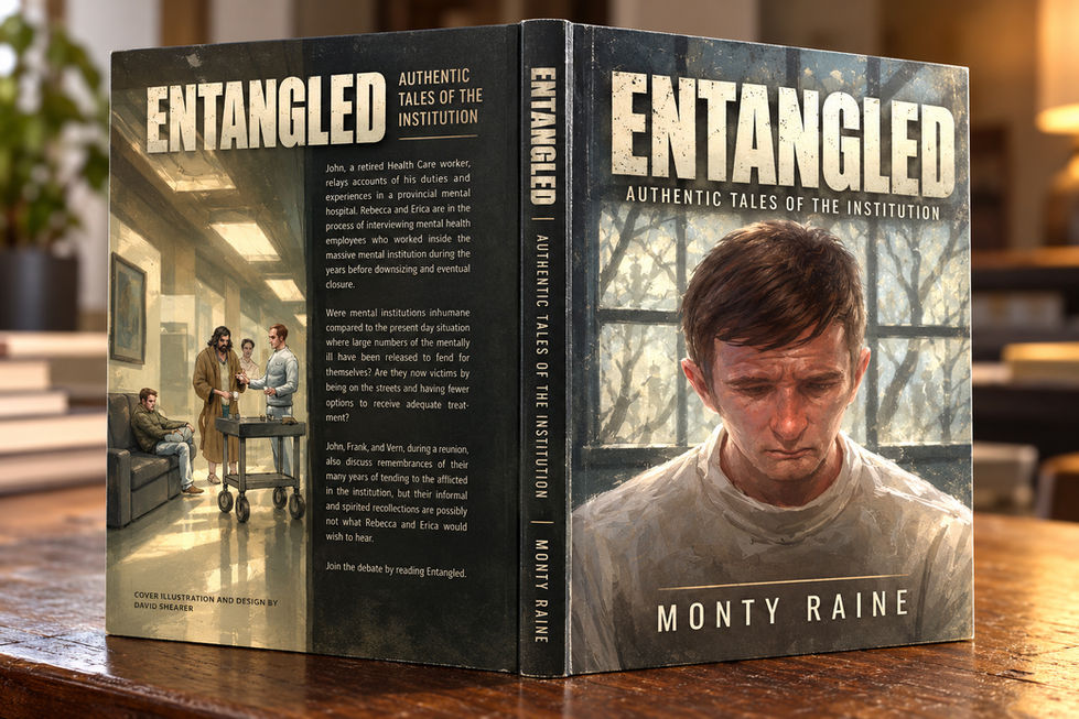 Front and back of the book Entangled, featuring a solemn man and scenes inside a mental health institution.