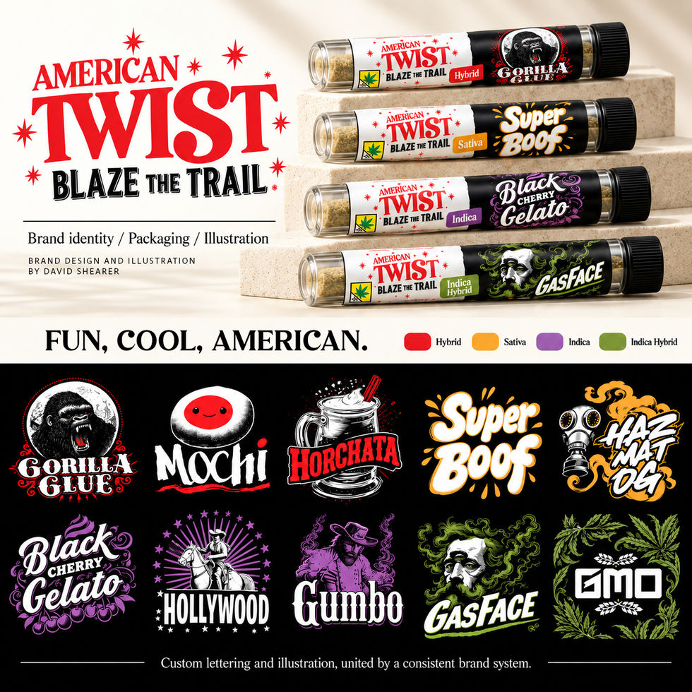 American Twist pre-roll tubes and ten illustrated variety logos, each with its own lettering and character.