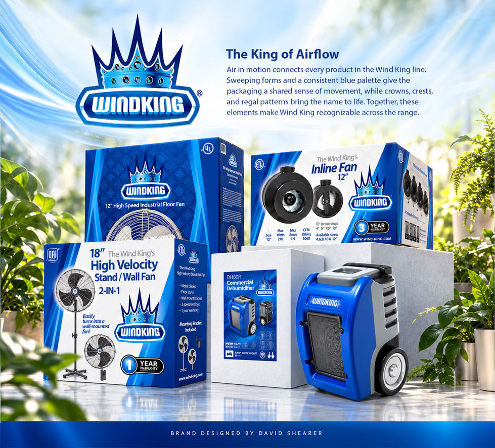 WindKing packaging for fans and a dehumidifier, united by blue-and-white graphics and a crowned logo.