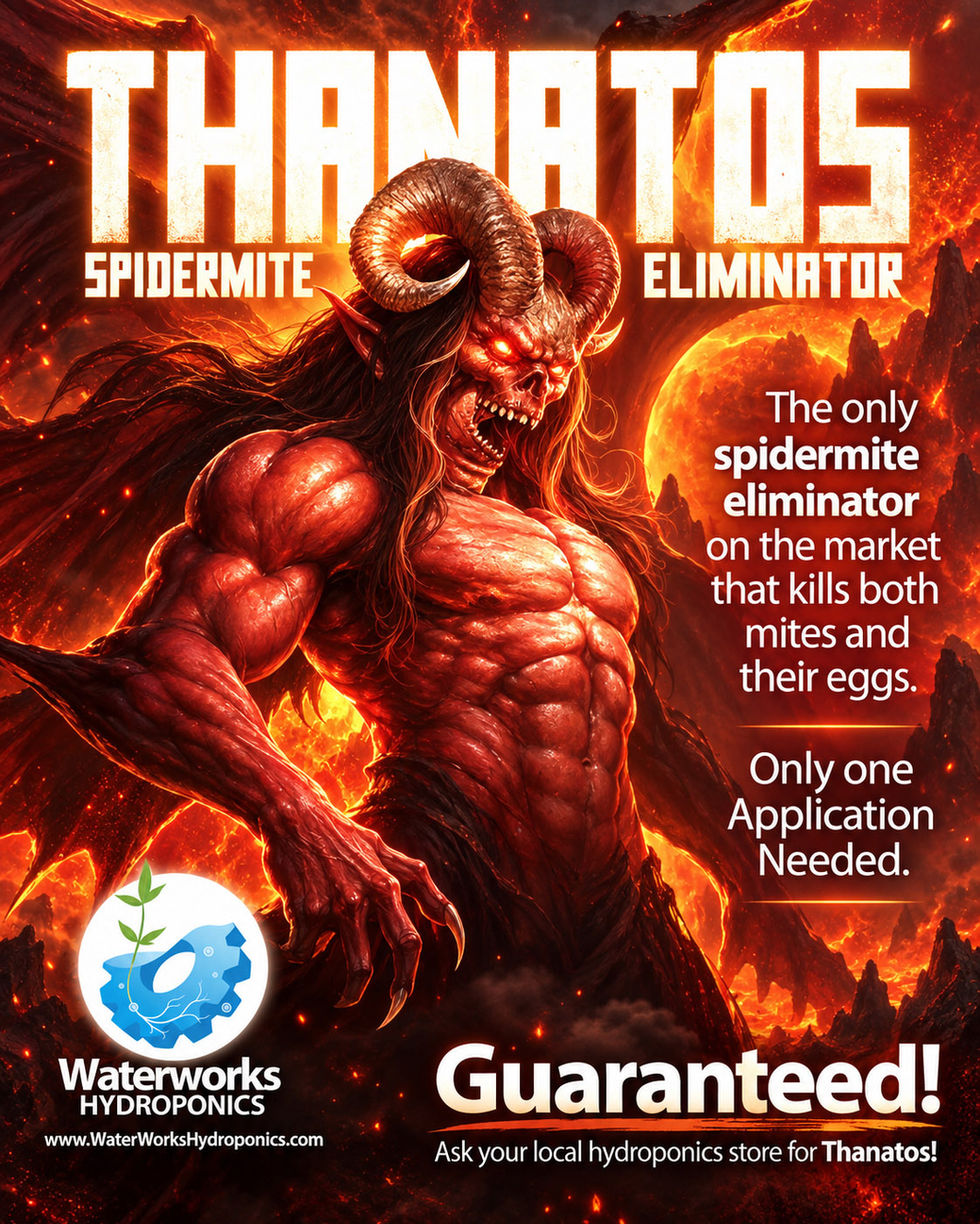 Advertisement for Thanatos spidermite eliminator featuring a horned red creature against a fiery landscape.
