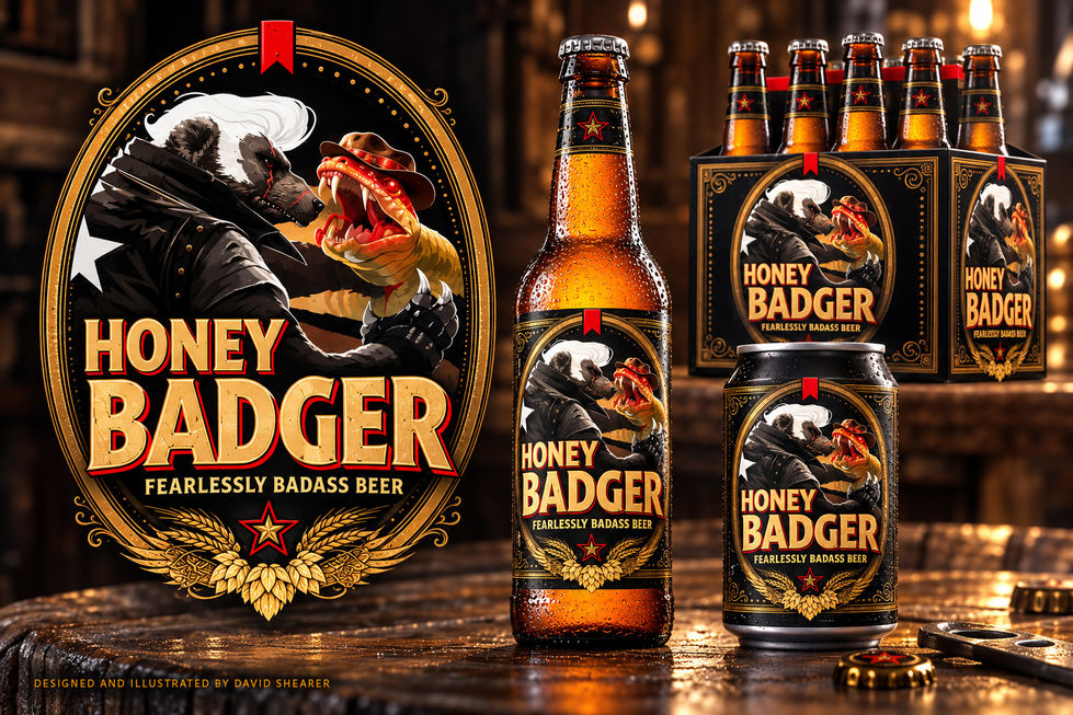 Honey Badger Beer bottle, can, and carrier with an illustrated badger facing a snarling reptile.