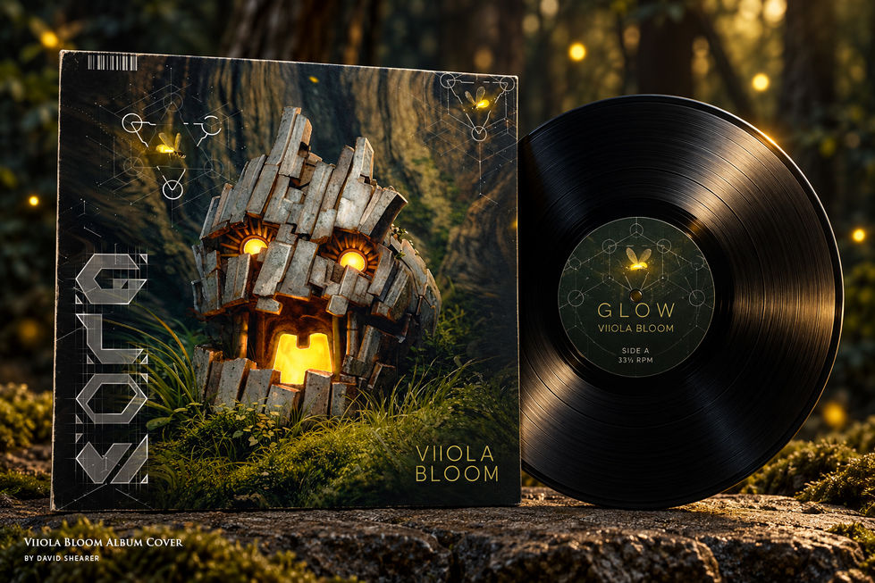 Vinyl record and Glow album cover featuring a stone face with glowing eyes and mouth in a forest.