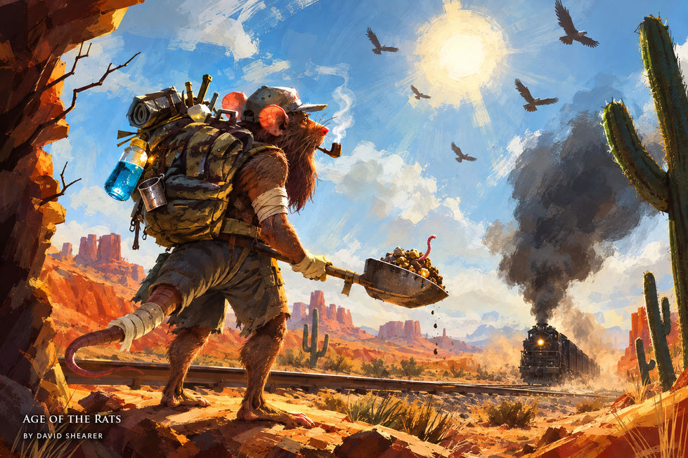 A rat traveler with a large backpack stands in a desert as a steam train approaches.