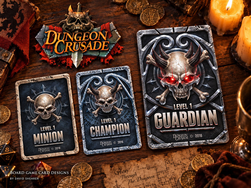 Three Dungeon Crusade cards labeled Minion, Champion, and Guardian display increasingly elaborate skull designs.