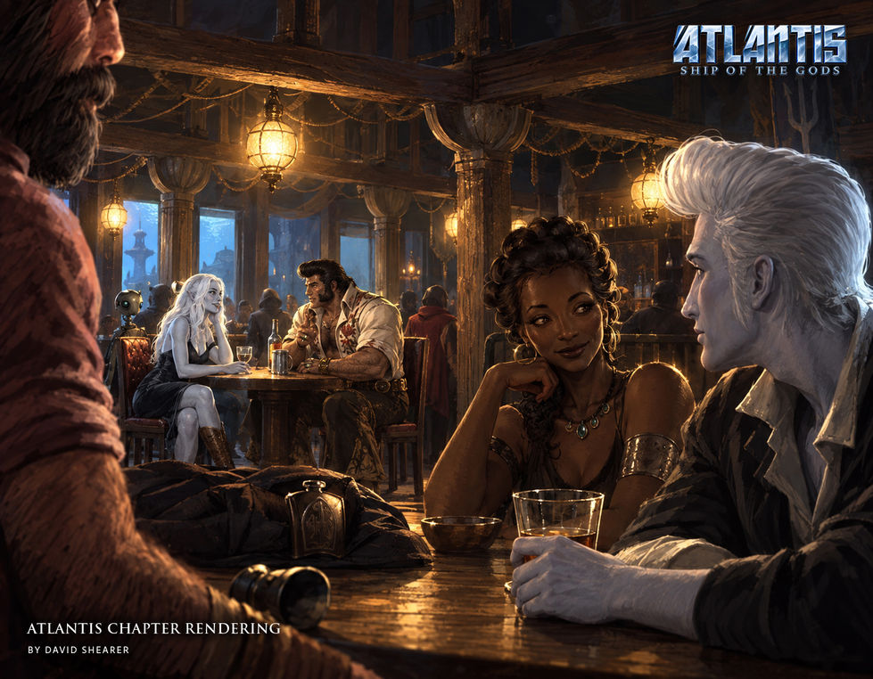 Fantasy and science fiction characters talk at tables inside a warmly lit tavern.