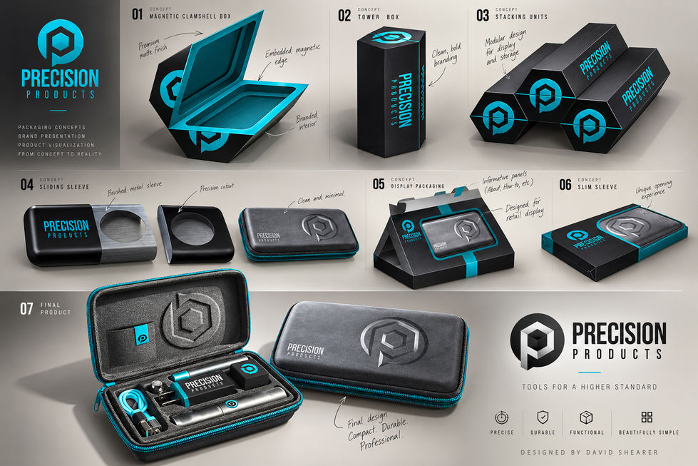 Precision Products packaging concepts and a final black case with turquoise trim, shown open with its contents organized inside.