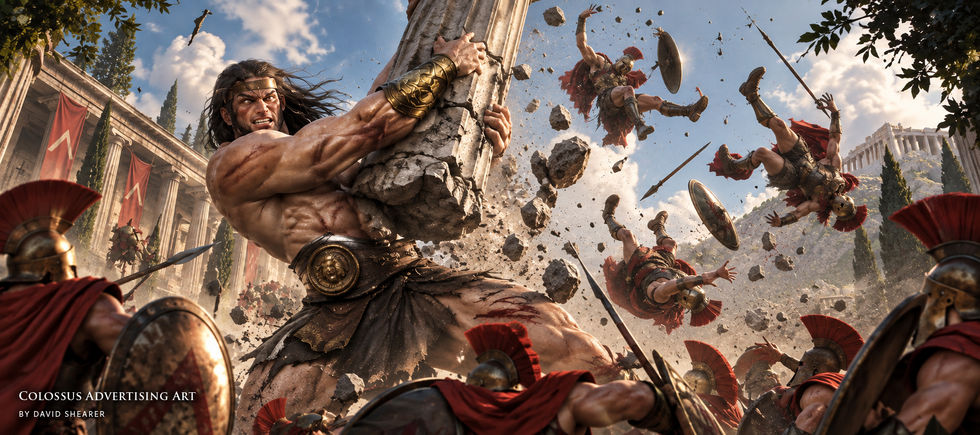 A giant warrior breaks a stone column as armored soldiers are thrown through the air around him.