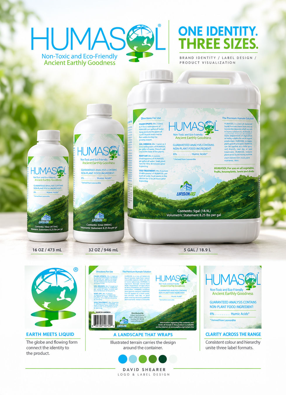 Humasol bottles in three sizes with matching blue-and-green labels, a globe logo, and an illustrated landscape.