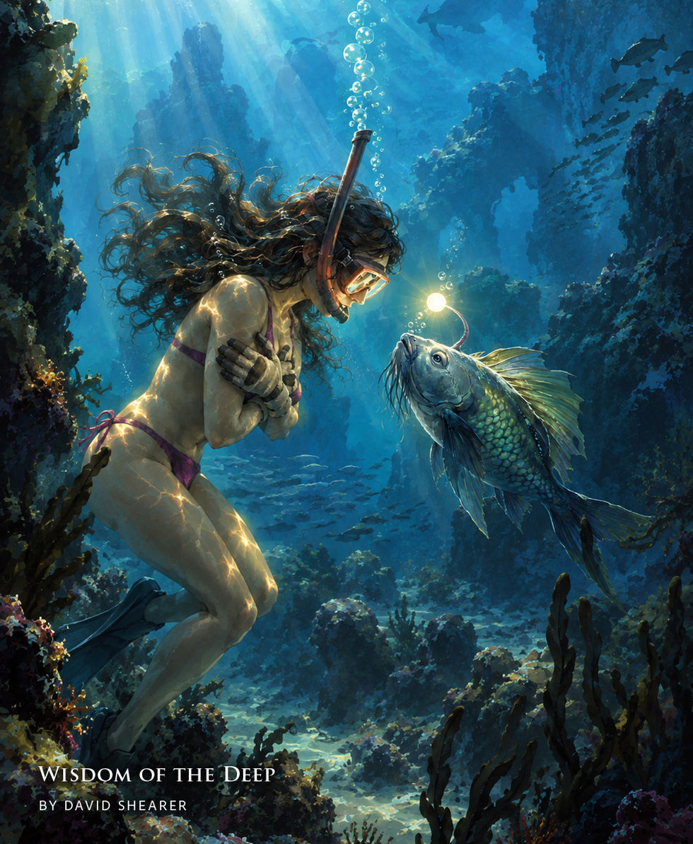 A snorkeler faces a large fish with a glowing lure in a sunlit underwater scene.