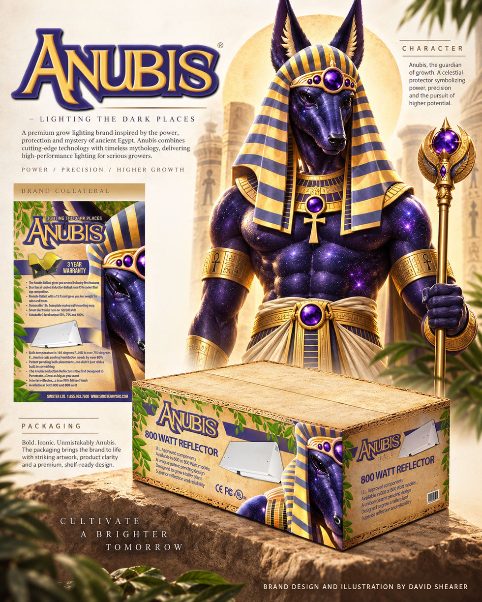 Anubis grow lighting brand concept showing a purple jackal-headed character beside branded reflector packaging.