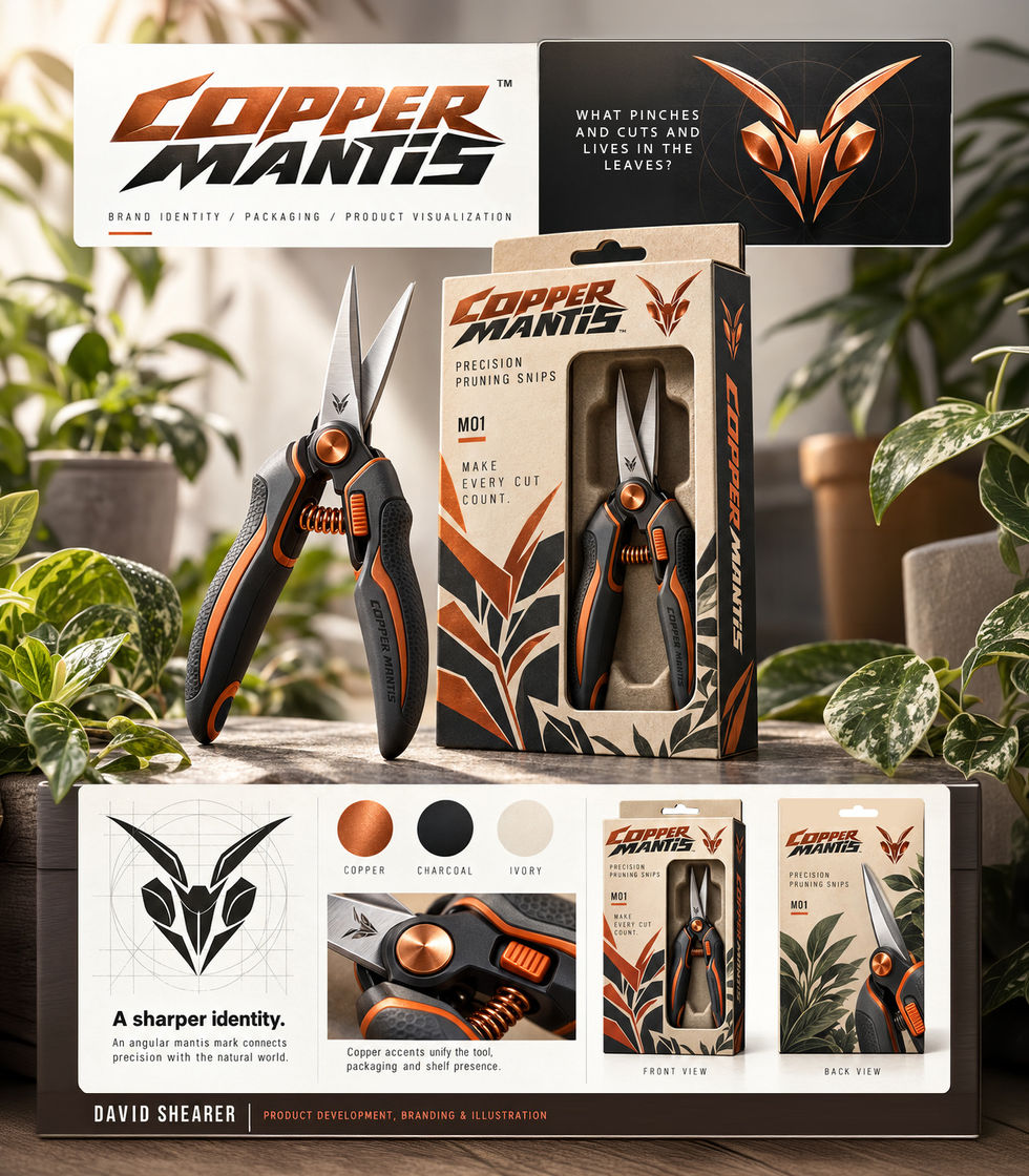 Copper Mantis pruning snips beside their box, with a copper-and-black mantis logo and matching product details.