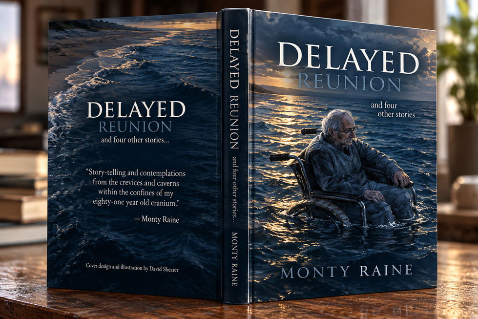 Front and back of the book Delayed Reunion, featuring an older man in a wheelchair at the edge of the sea.