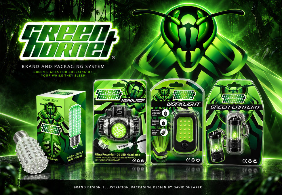 Green Hornet lighting products and packaging in bright green and black, with a glowing hornet illustration.