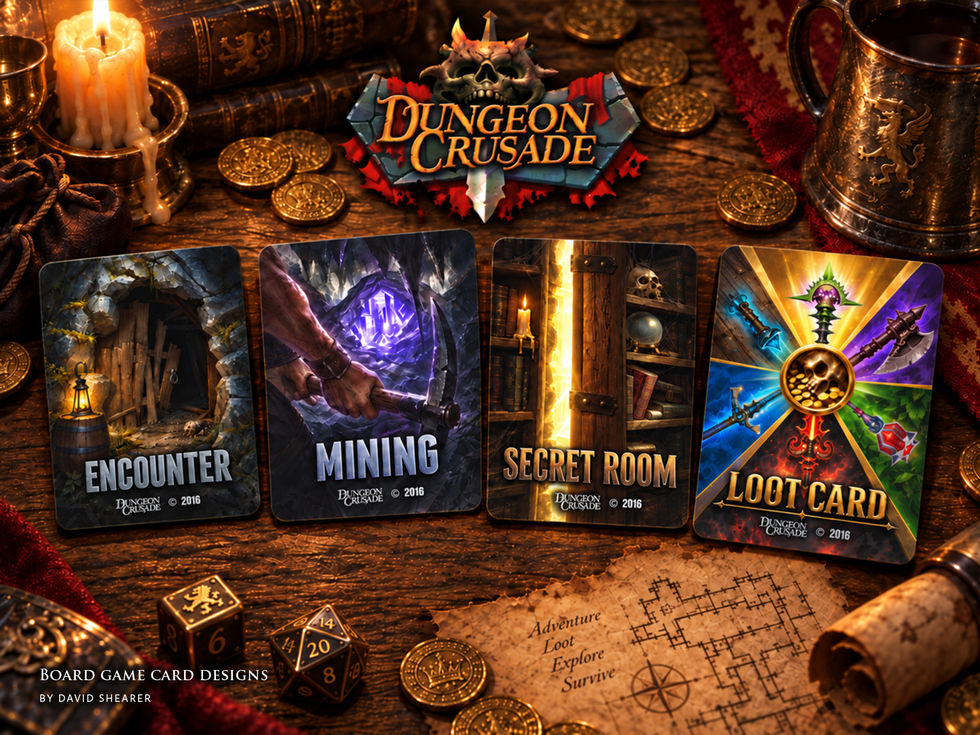 Four Dungeon Crusade cards depict an encounter, mining, a secret room, and loot.