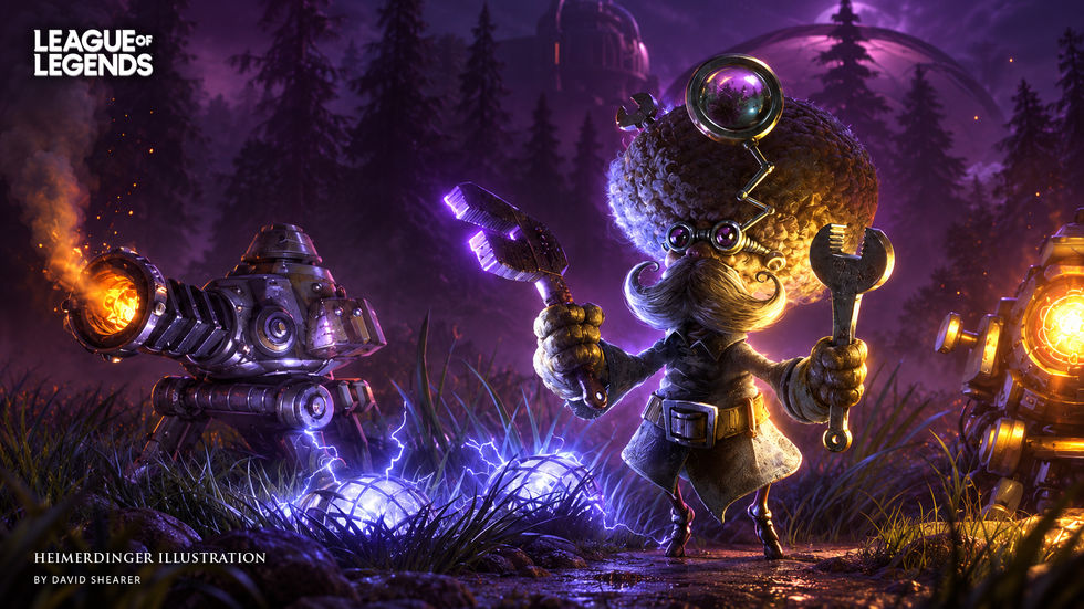 Heimerdinger holds tools between two glowing machines in a purple forest scene.