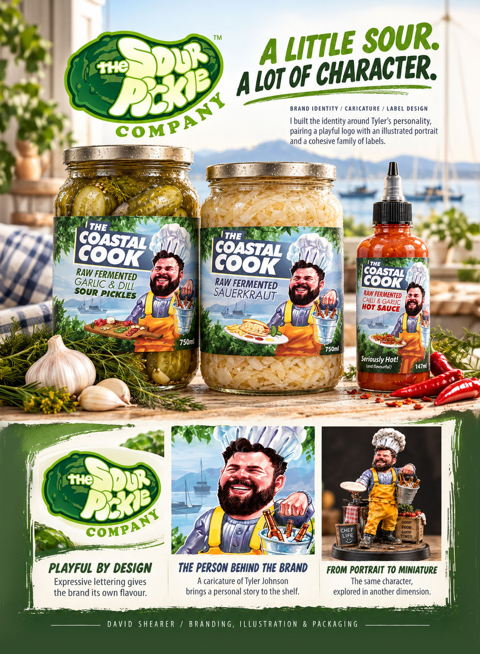 Sour Pickle Company jars of pickles and sauerkraut and a hot sauce bottle, each with a caricature of the cook on its label.