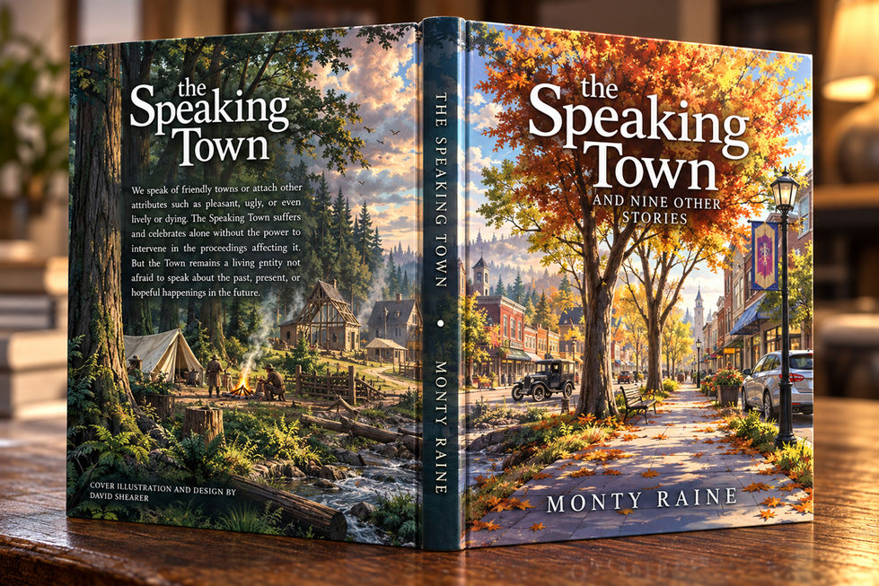 Book cover showing an autumn town street on the front and a wooded settlement on the back.