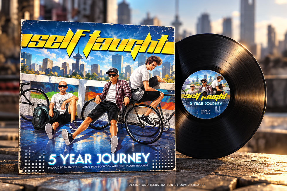 Vinyl record and album cover showing three friends with bicycles against a city skyline.
