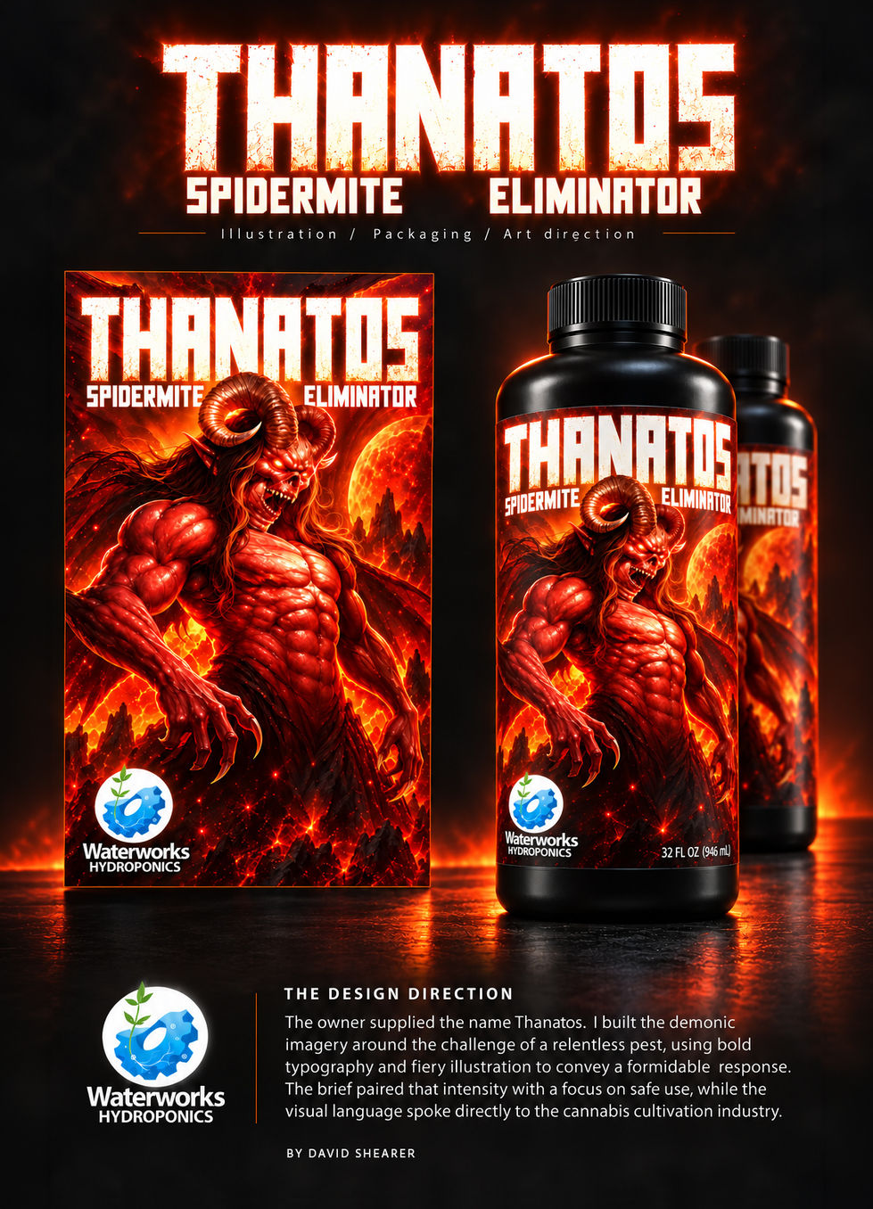 Thanatos spidermite eliminator bottles and packaging featuring a red horned creature against a fiery background.