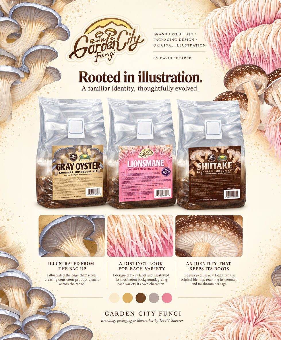 Garden City Fungi mushroom-growing kits for gray oyster, lion’s mane, and shiitake, with illustrated labels for each variety.