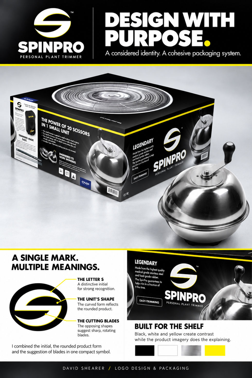 SpinPro plant trimmer beside its black-and-yellow box, with a logo inspired by the product’s rounded shape and blades.