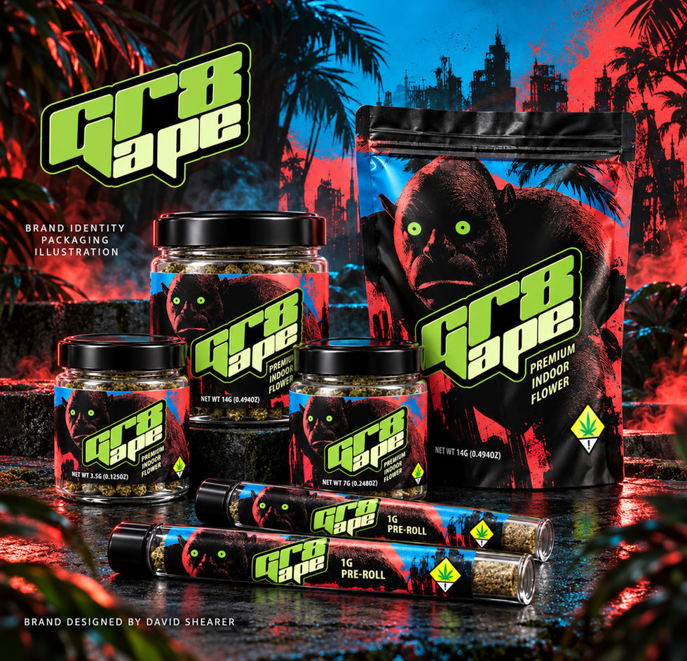Gr8 Ape cannabis packaging across jars, a pouch, and pre-roll tubes, featuring a black ape with bright green eyes.