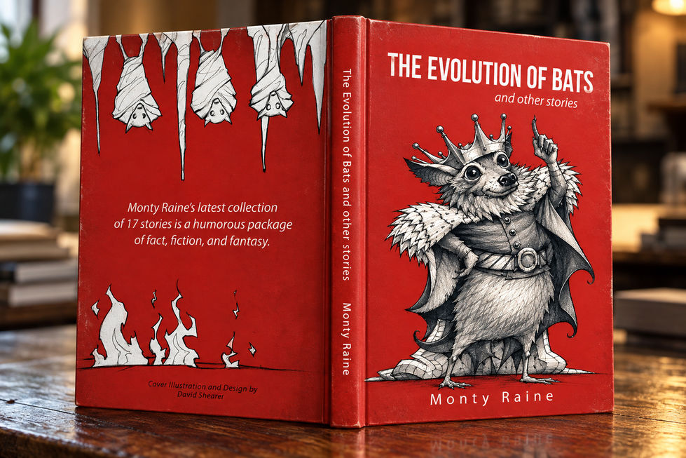Red book cover featuring a crowned, bat-winged animal, with three hanging bats on the back.
