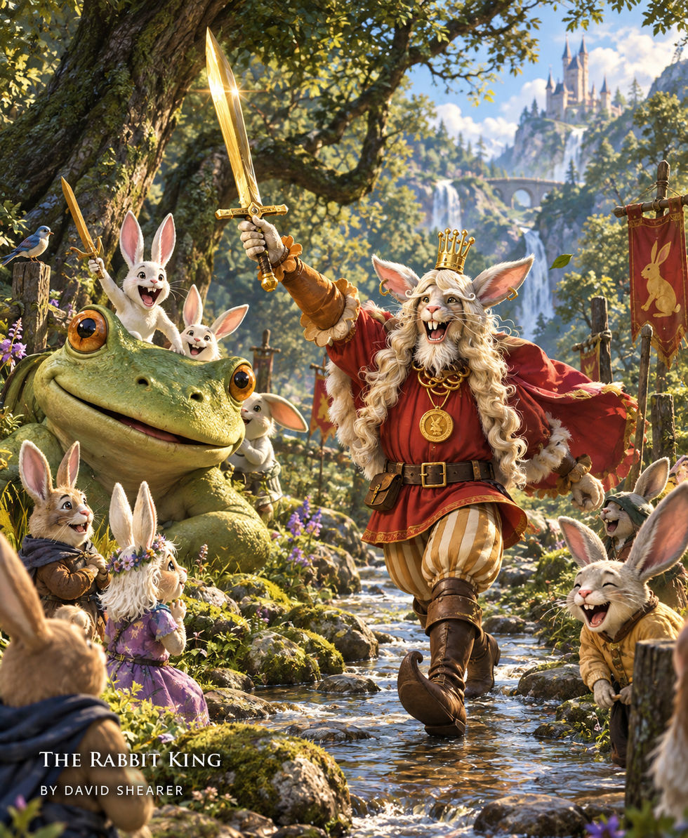 A crowned rabbit raises a golden sword while other rabbits cheer beside a giant frog in a forest.