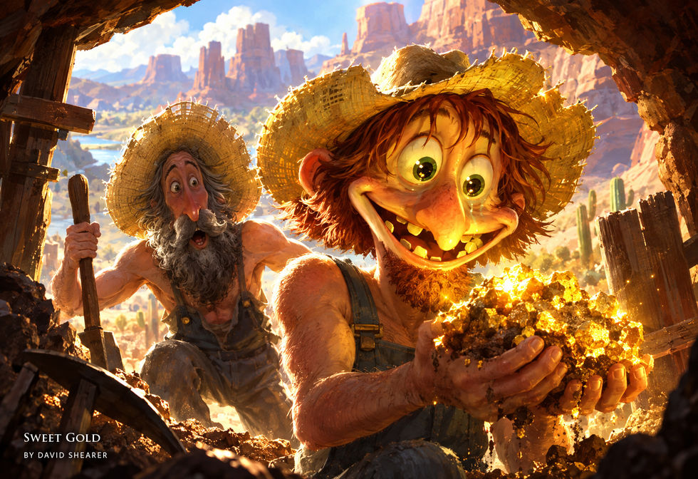 A delighted miner holds a glittering pile of gold while another miner looks on from behind.