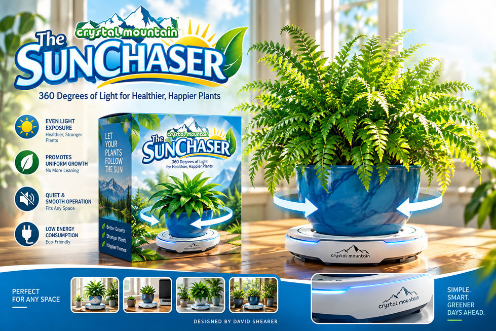 SunChaser plant-turning device beneath a blue potted fern, shown alongside its illustrated product box.